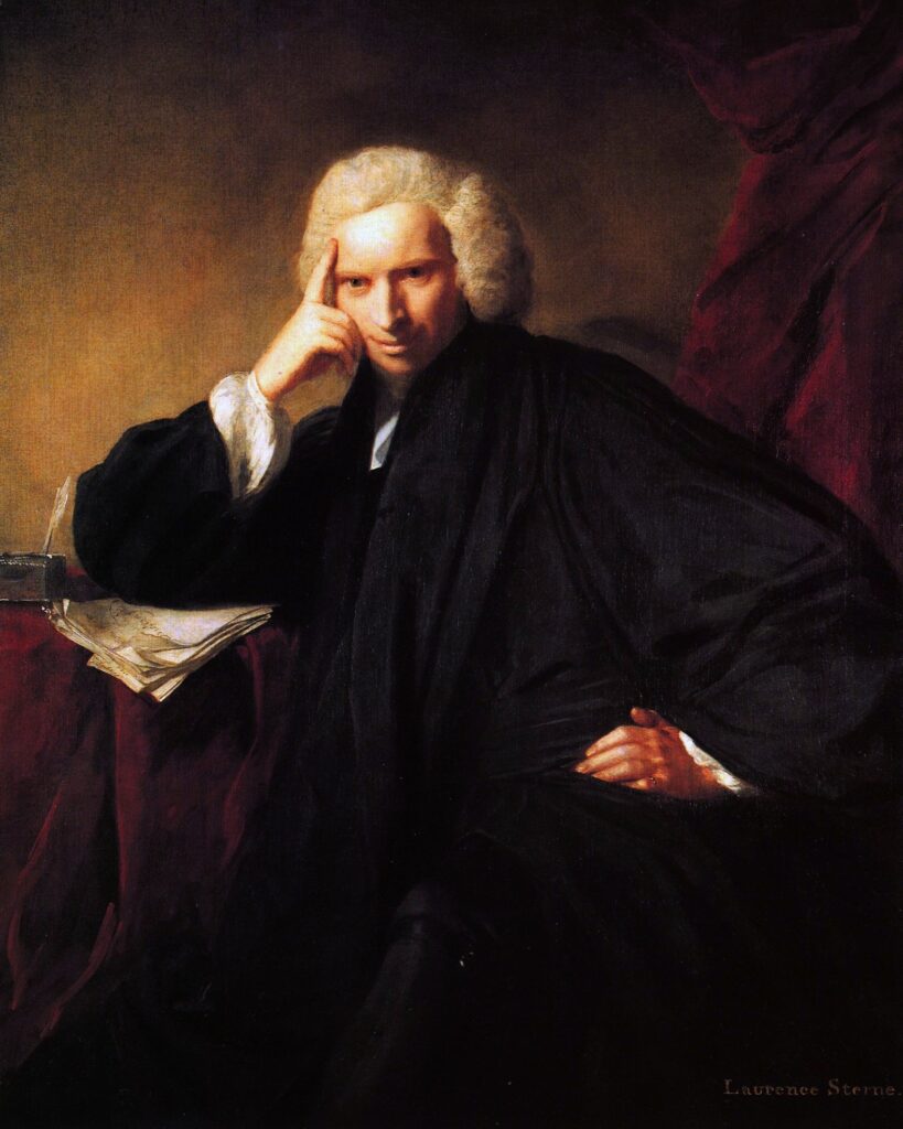 A painting of Laurence Sterne in white powdered hair, leaning on a manuscript with a hand on his hip and an absent smile — like he is laughing at a memory.