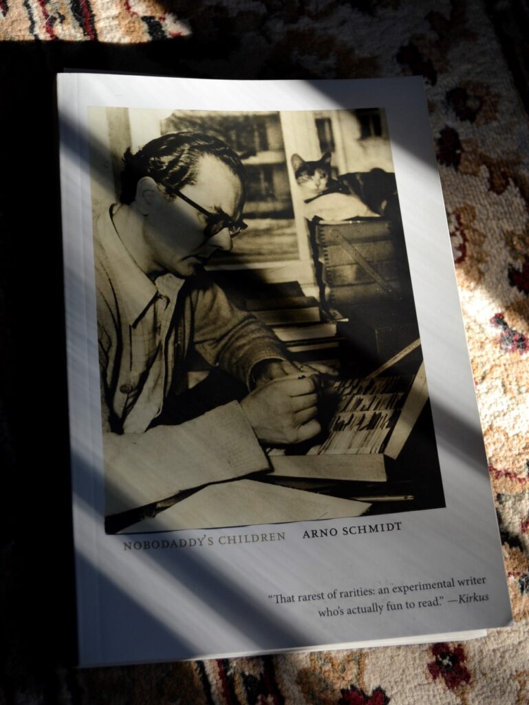 The front cover of Noboddady's Children. The picture shows Arno Schmidt and a cat sitting on books.