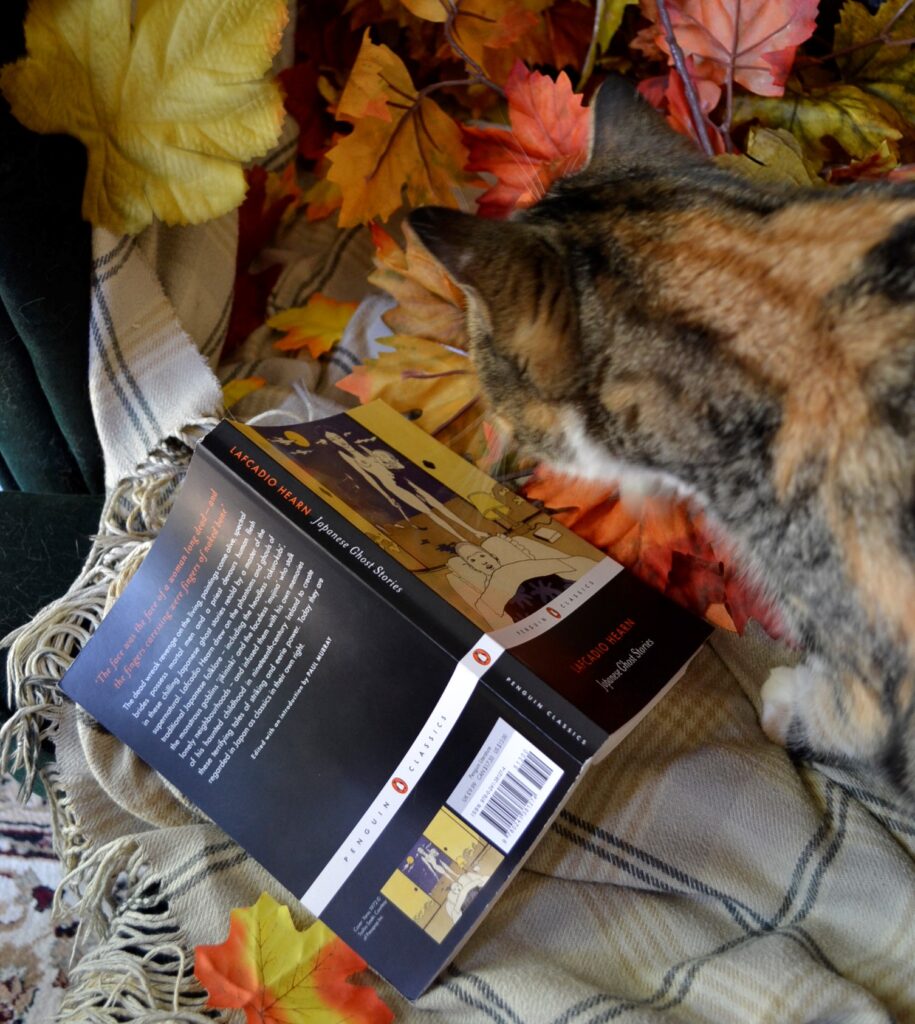 A calico tabby sniffs Lafcadio Hearn's Japanese Ghost Stories.