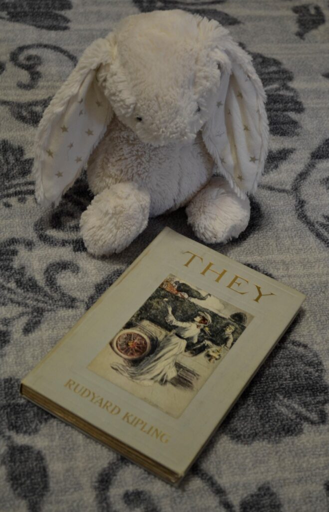 A stuffed bunny sits beside an antique copy of They.