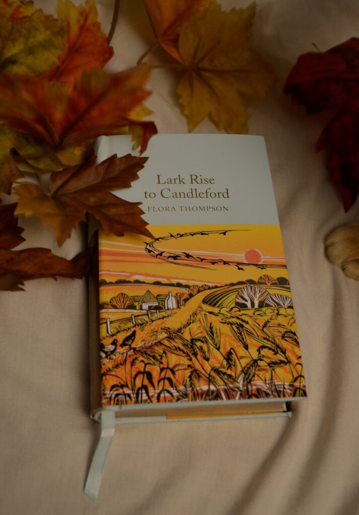 The illustrated cover of Lark Rise to Candleford amongst fall leaves.