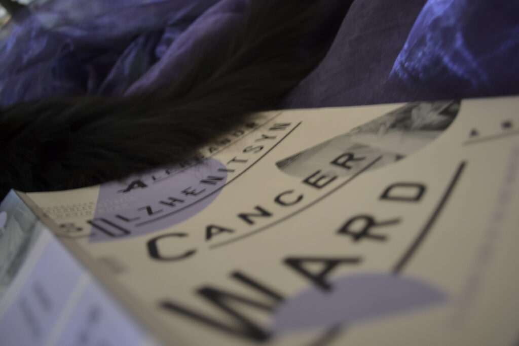 A fluffy black tail over a copy of Cancer Ward.