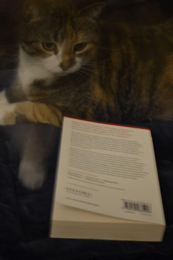 A calico tabby sits beside a compilation of classic horror stories.