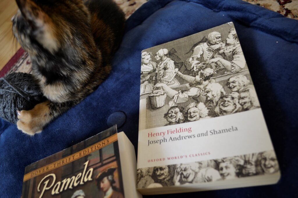 Pamela, or Virtue Rewarded, Shamela and Joseph Andrews and a tortoiseshell kitten.