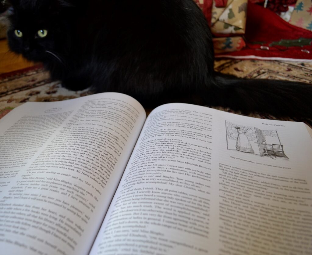 A black cat sits beside an open and illustrated copy of Pride and Prejudice.