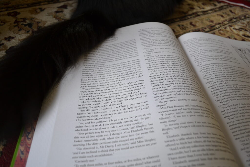 A black cat sits beside an open copy of Pride and Prejudice.