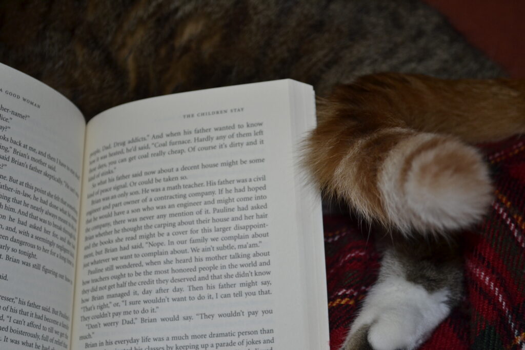 A fawn tabby paw and an orange tabby tail beside The Love of a Good Woman.