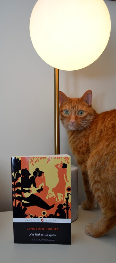 An orange cat and Not Without Laughter stand beneath an art deco 'moon' lamp.