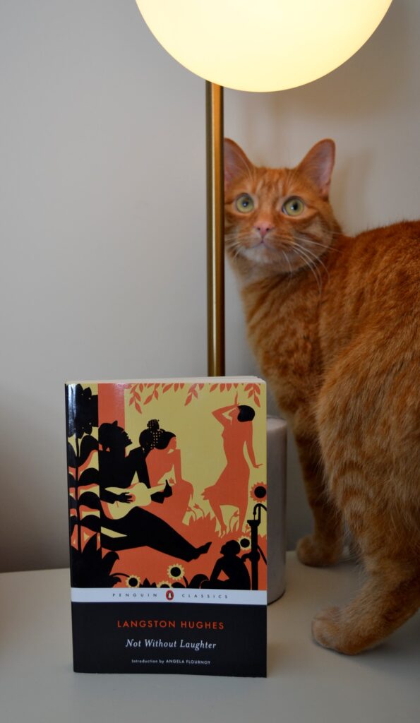 An orange cat and Not Without Laughter stand beneath an art deco 'moon' lamp.