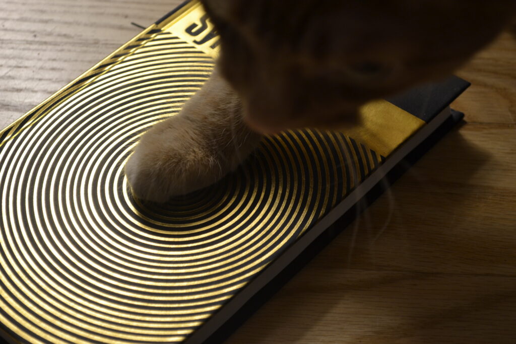 An orange paw is placed in the middle of The Bell Jar.