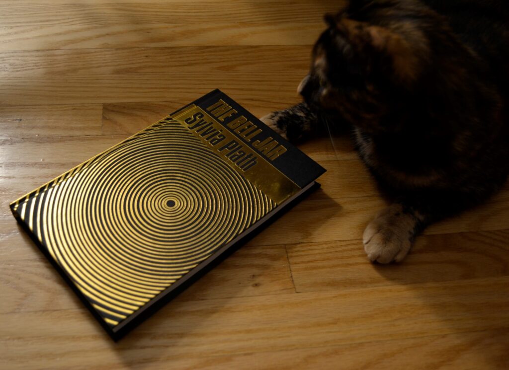 A tortoiseshell kitten sits beside The Bell Jar.