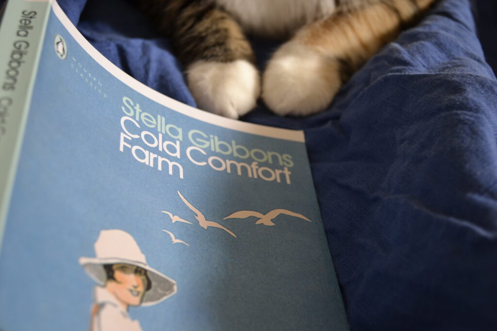 A calico tabby sits bside Cold Comfort Farm.
