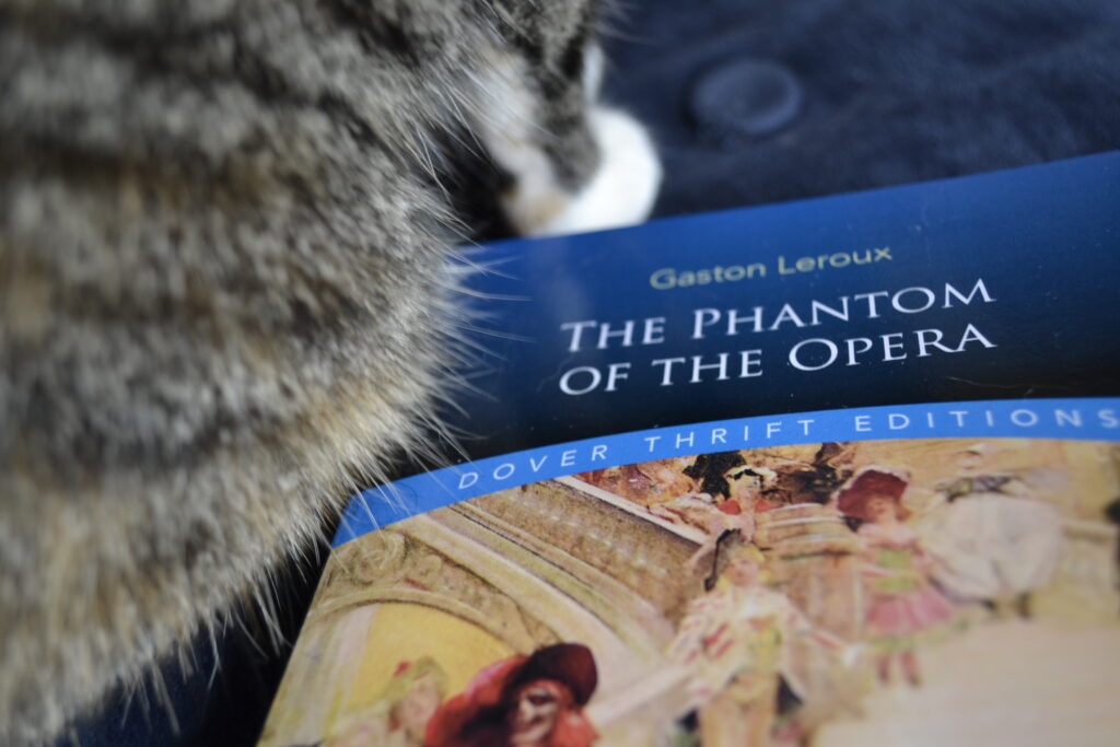 Calico paws beside The Phantom of the Opera.