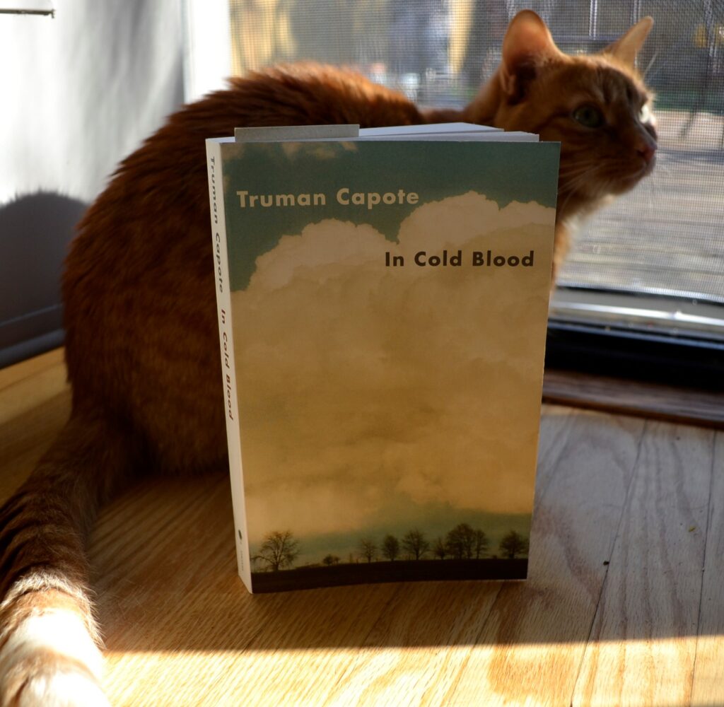 An orange tabby crouches beside In Cold Blood.