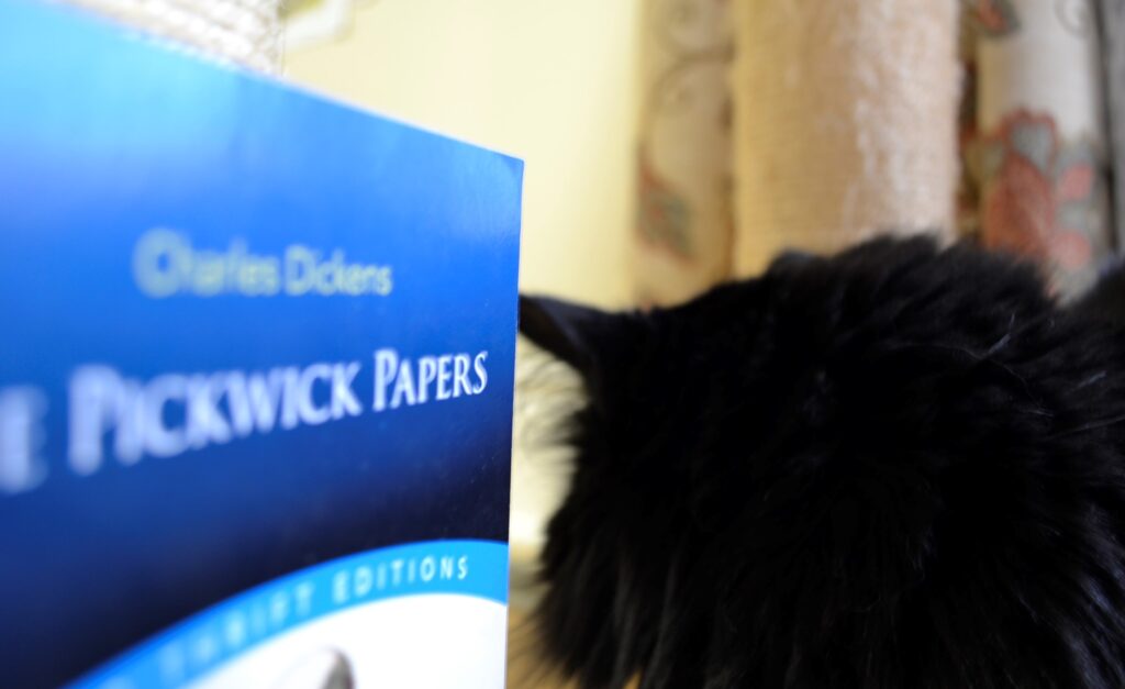 A closeup of The Pickwick Papers title, with black cat ears behind it.