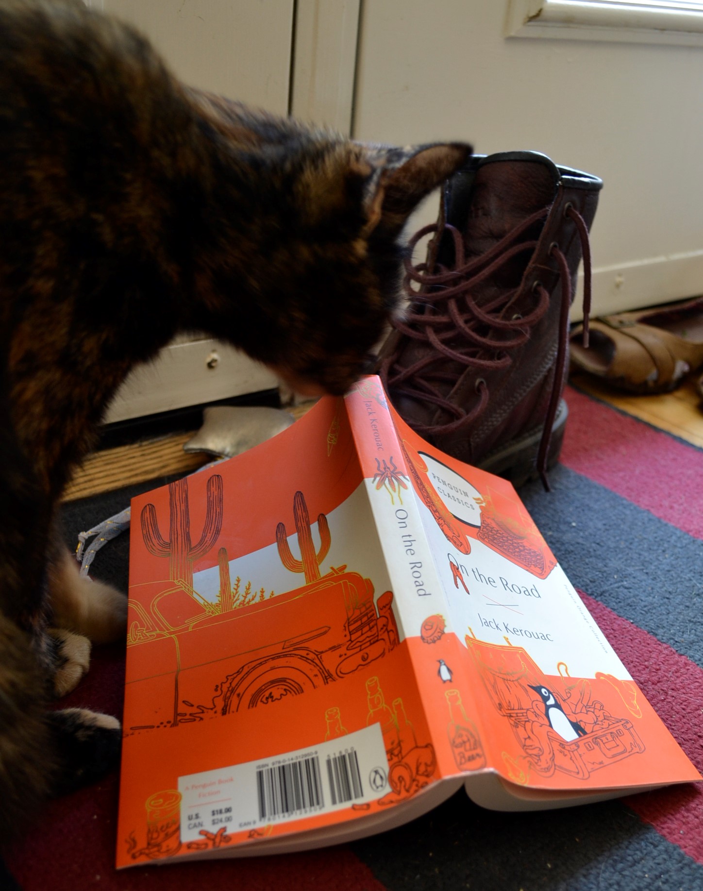A tortoiseshell kitten sniffs an orange copy of On the Road beside a boot.