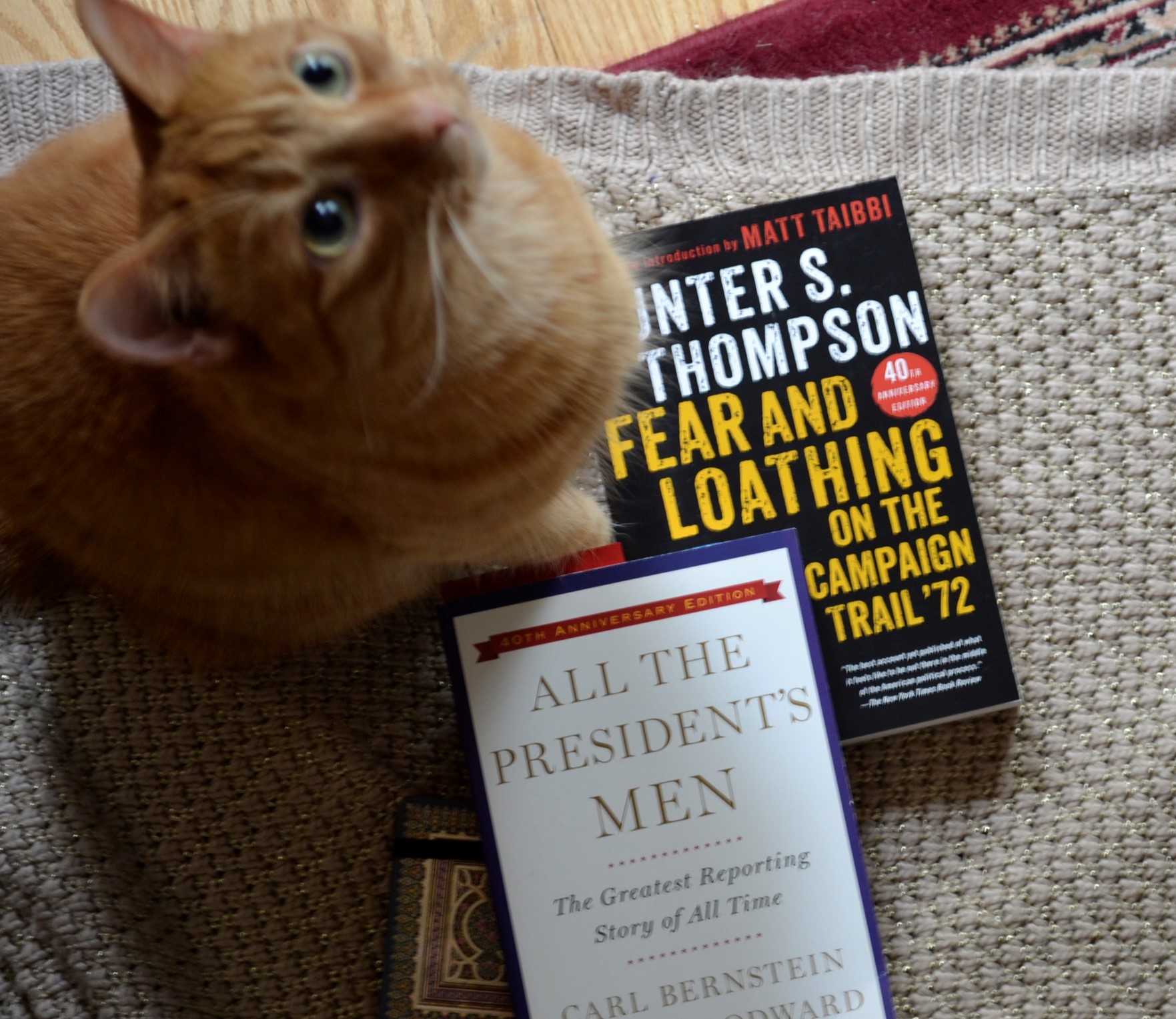An orange tabby cat sits beside two journalist books about Nixon.