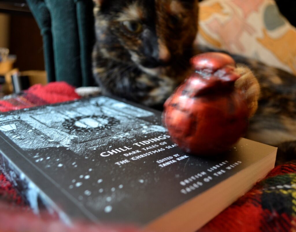 A tortoiseshell cat paws a red bird statue on the cover of Chill Tidings.