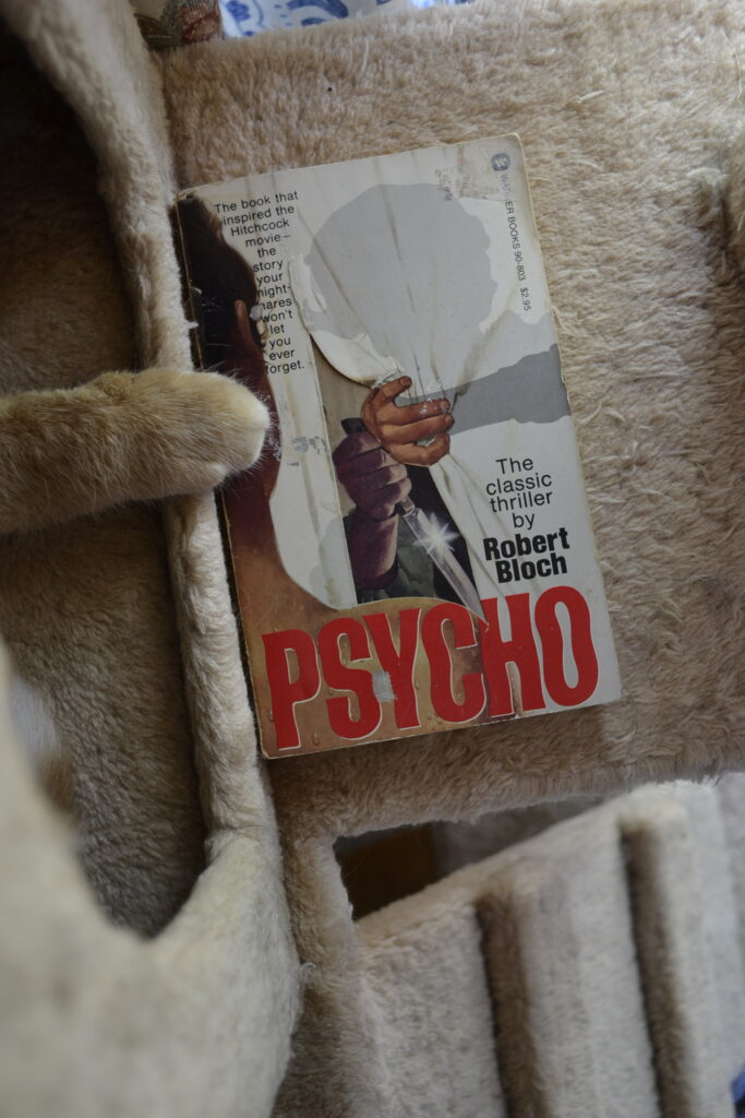 An orang paw rests beside the knife on the cover of Psycho.