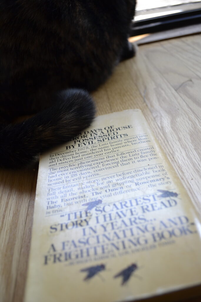 A tortoiseshell cat sits on the back cover of The Amityville Horror.