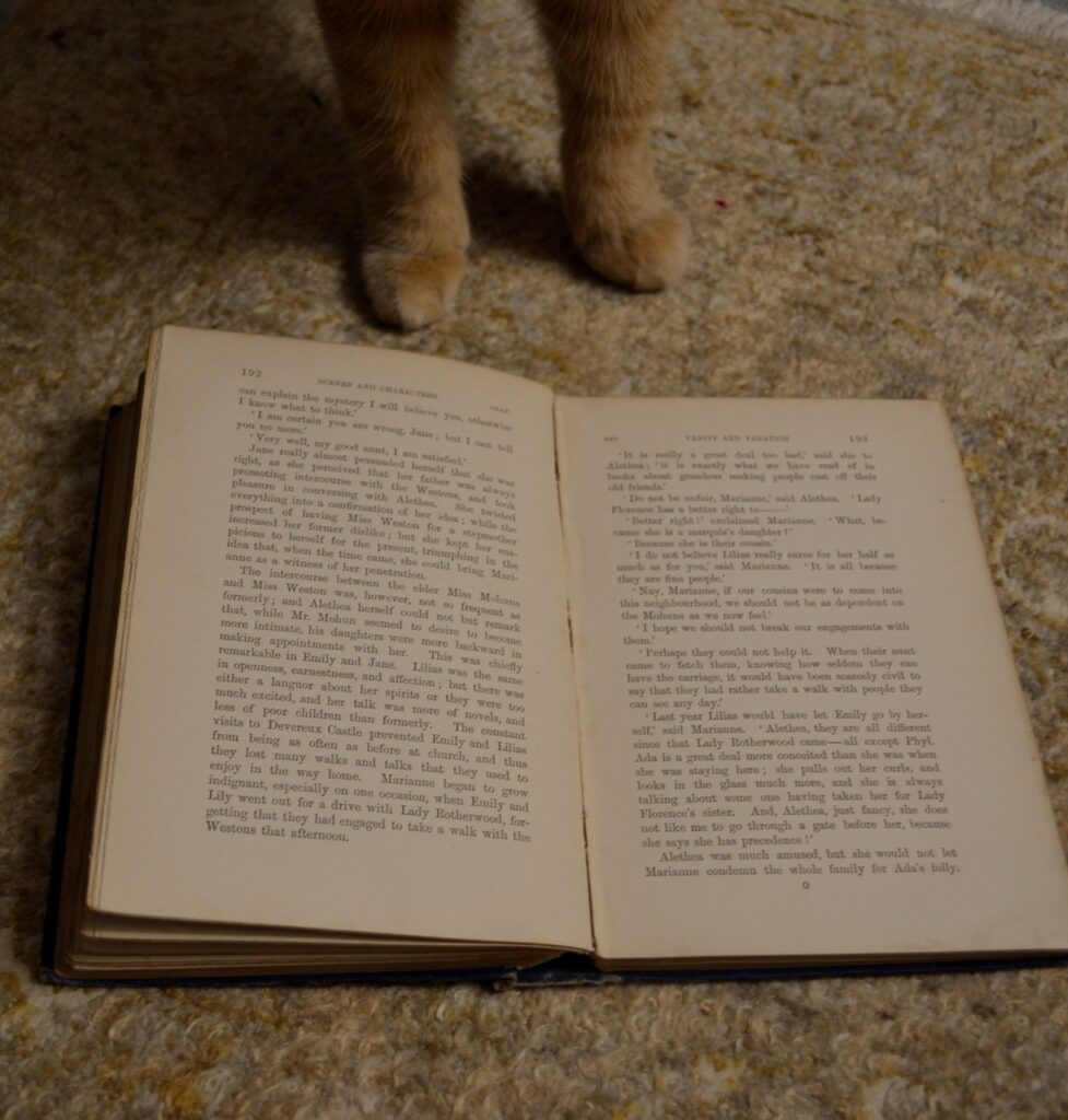 Two orange paws sit beside an old and open book.