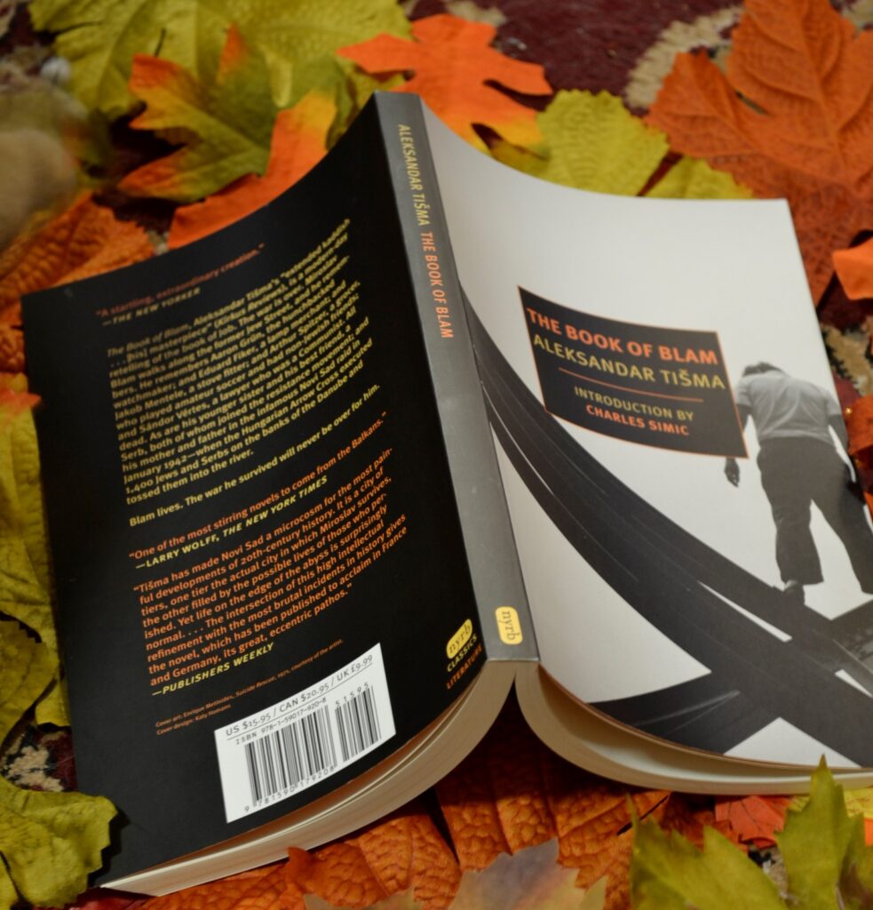 A black-and-white book with orange text spreads over a pile of leaves.