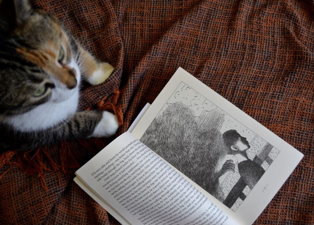 An open book beside a cat shows an illustration of a misty figure reaching out to touch a child on the back.