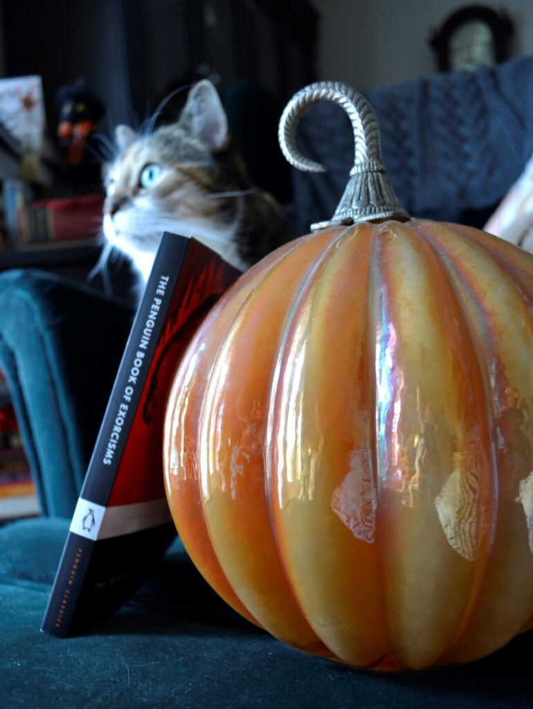 A calico tabby urks behind a glass pumpkin and The Penguin Book of Exorcisms.