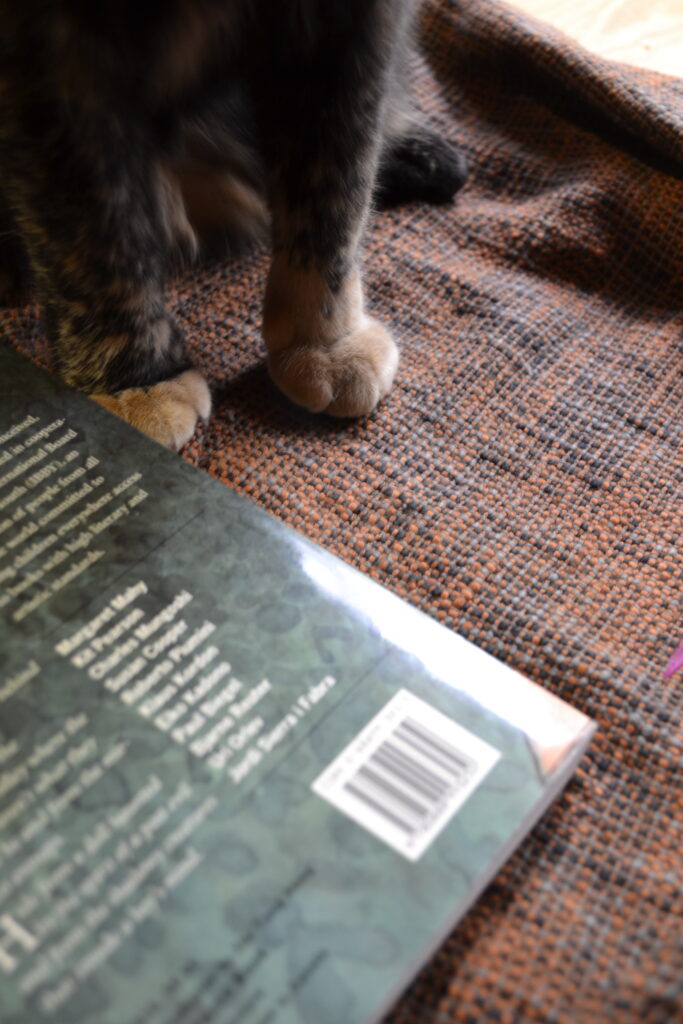 Little red paws sit beside a blue-ish book.