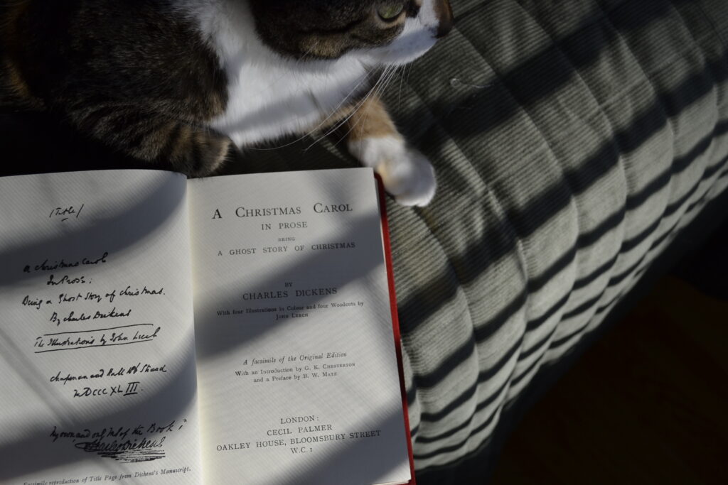 A calico tabby sits beside a book whose front page read 'A Christmas Carol in Prose by Charles Dickens'.