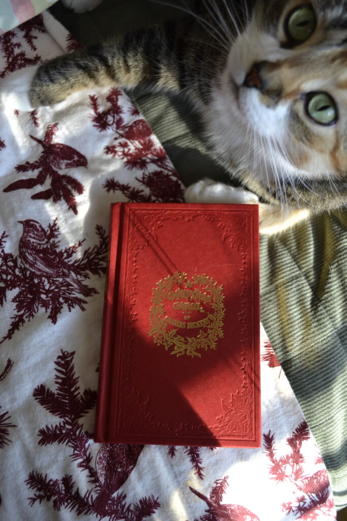 A calico tabby sits beside an ornate red version of A Christmas Carol.