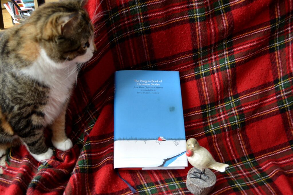 The Penguin Book of Christmas stories sits beneath the glare of a tabby cat.