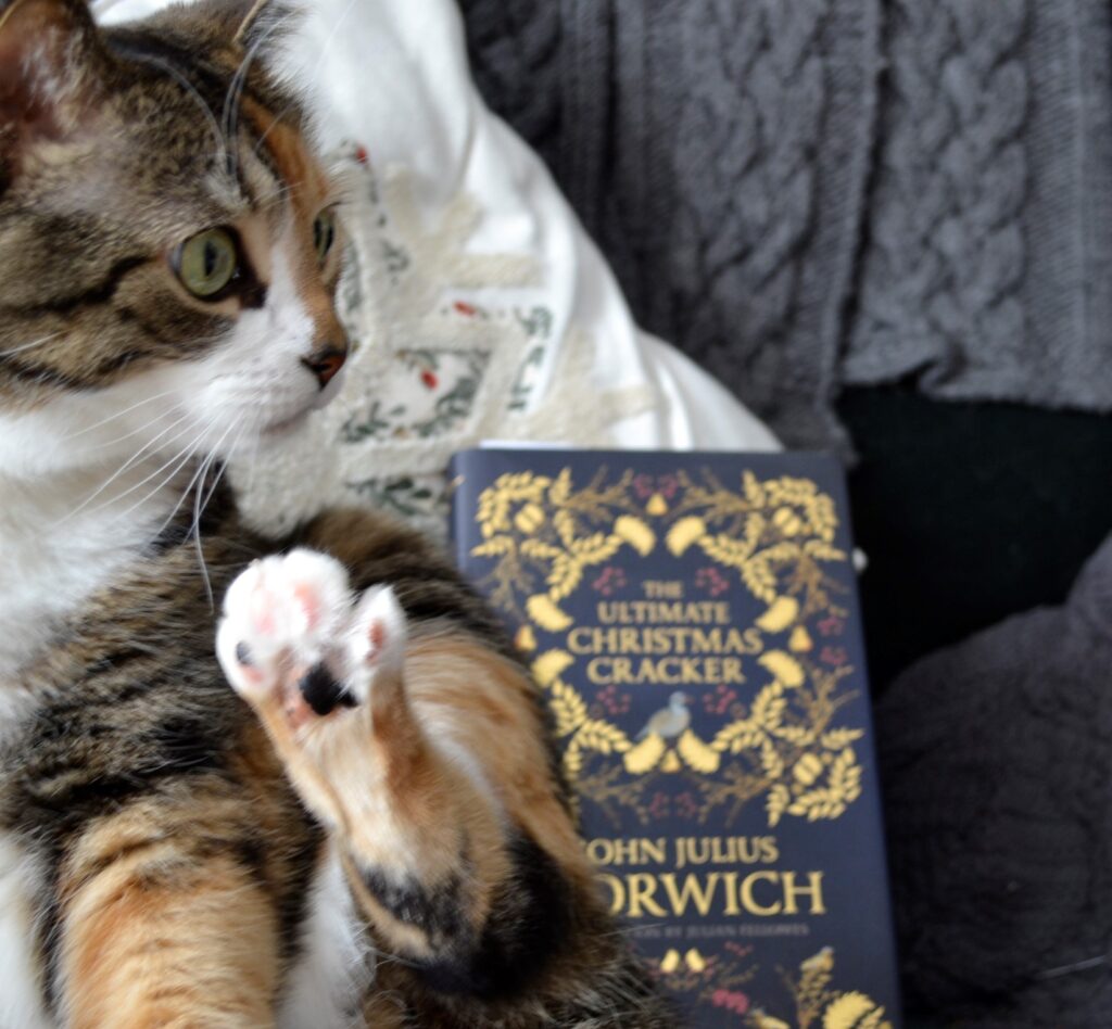 A calico tabby lifts a spotted foot above a blue and gold book.