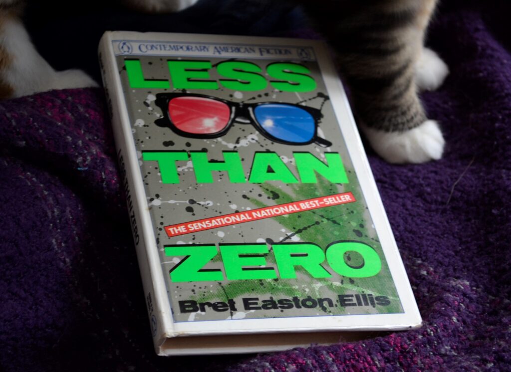 White paws stand beside the bright cover of Less Than Zero.