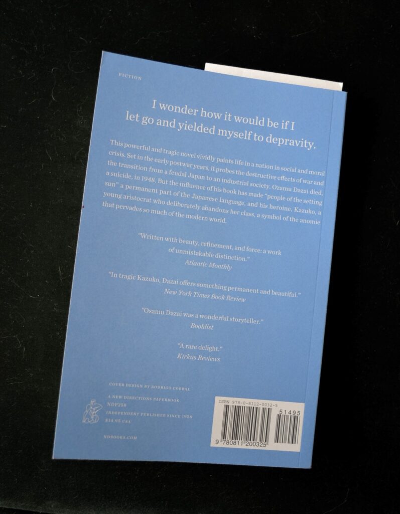 The back of a blue book, with a quote that reads 'I wonder how it would be if I let go and yielded myself to depravity.'