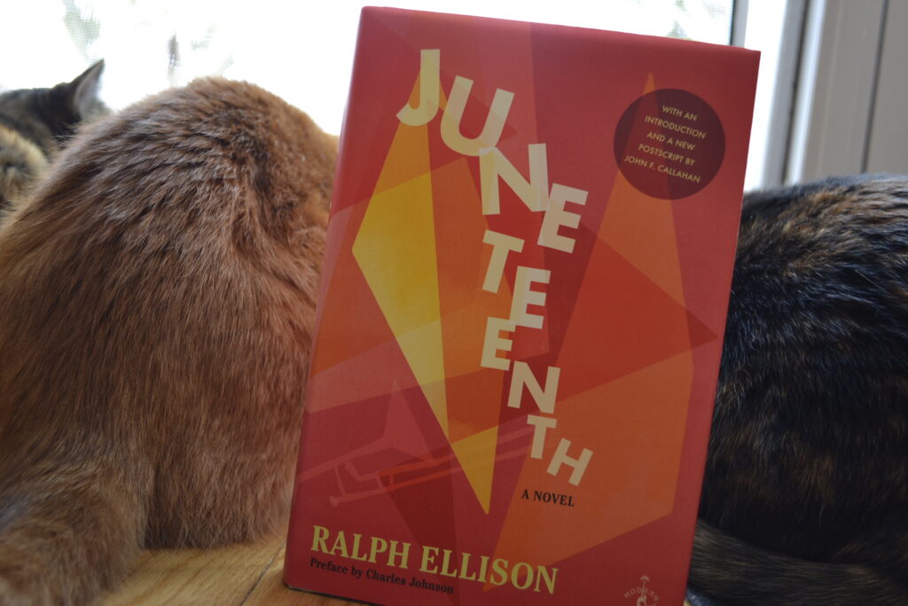 Three cats hunker behind a book with fractured graphics that reads 'Juneteenth'.