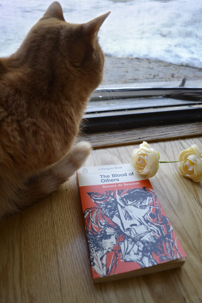 A little yellow rose and an orange tabby sits beside a book titled The Blood of Others.