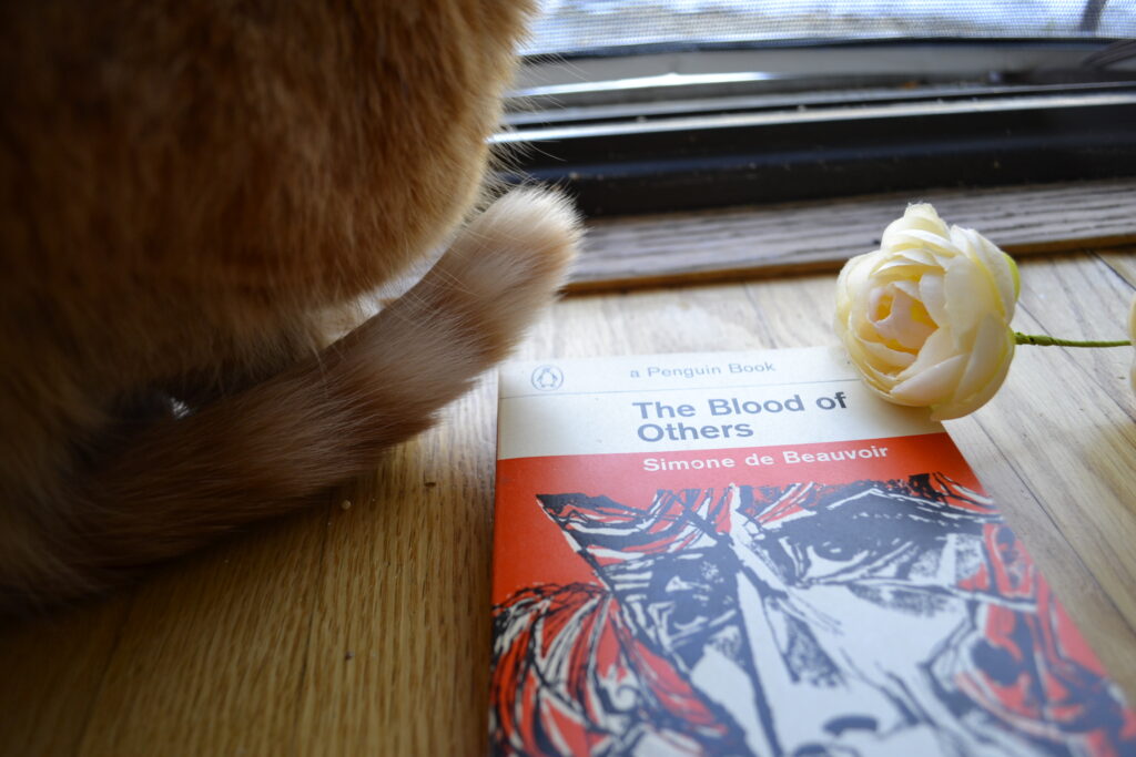 A little yellow rose and an orange tabby sits beside a book titled The Blood of Others.