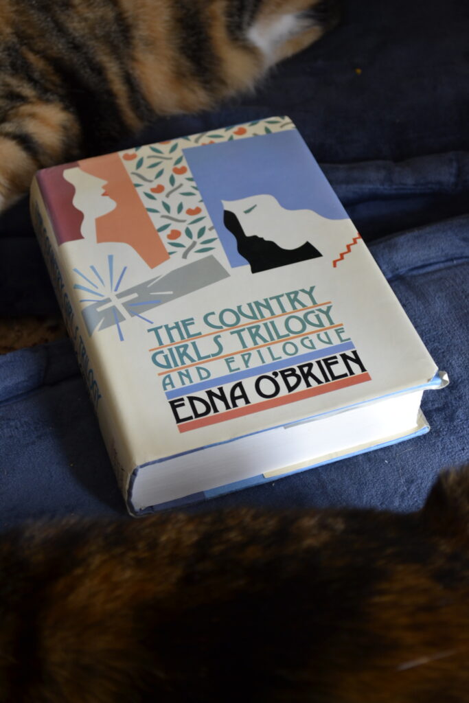 A book sits between two cats The cover reads 'The Country Girls Trilogy and Epilogue' by Edna O'Brien.