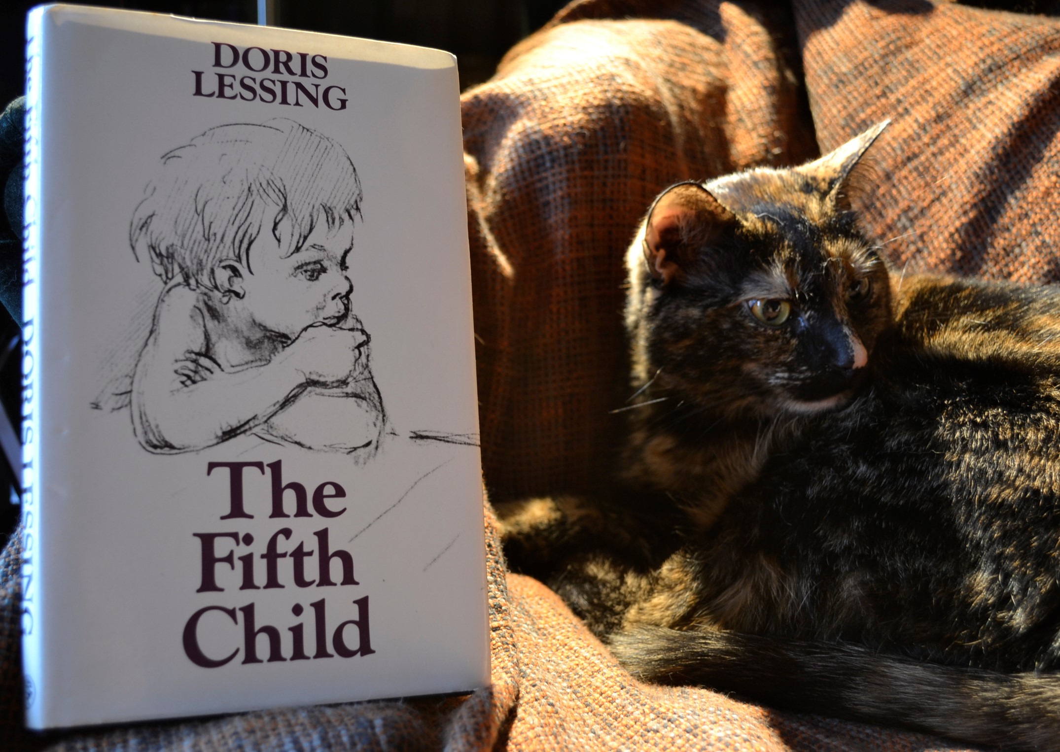 A tortoiseshell cat sits beside a white book with a sketch of a child on the cover.
