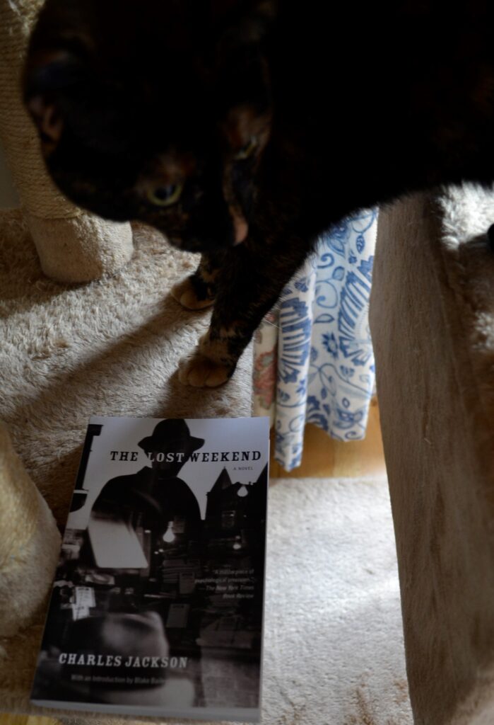 A tortoiseshell cat stands beside a black-and-white book titled The Lost Weekend.