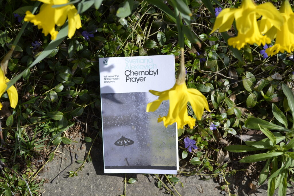 Chernobyl Prayer rests among flowers. Thw cover shows a moth resting on a cloudy window.