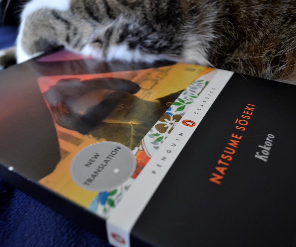 A tabby cat leans on a book. The title is Kokoro and the cover features a Japanese woman.
