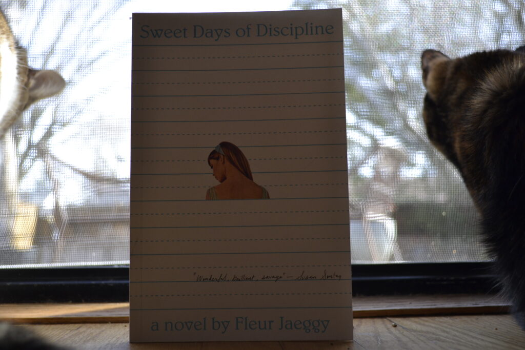 Fleur Jaeggy's novel, Sweet Days of Discipline, stands in front of adoor beside two cats.