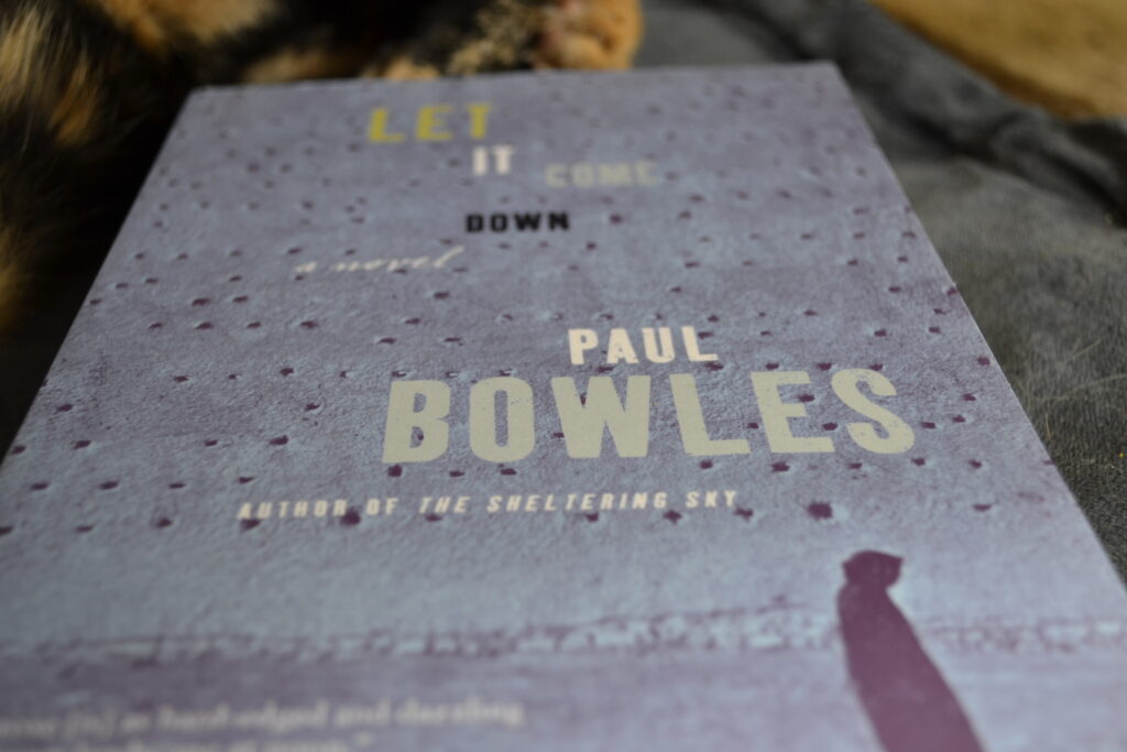 A blue book, speckled to look like rain or pocked leather with a silhouette of a person walking. The text reads Let It Come Down, a novel by Paul Bowles.