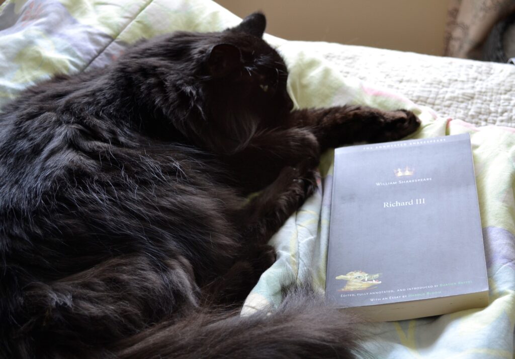 A black cat sleeps beside a copy of Shakespeare's Richard III.