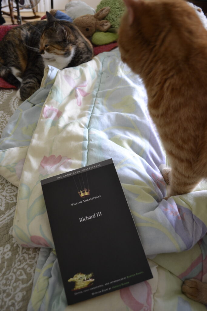 An orange cat menances a calico tabby over a copy of Richard III.