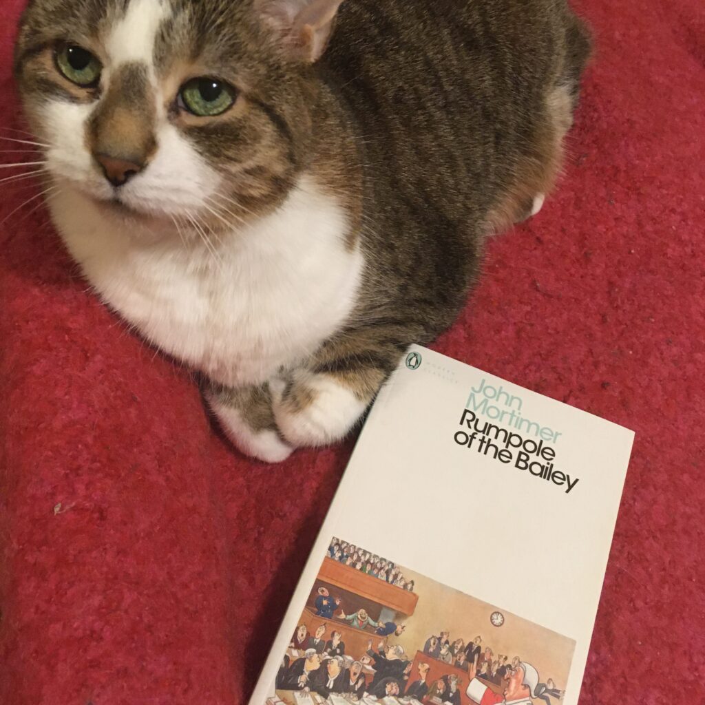 A tabby cat sits beside a white book. The book reads 'John Mortimer, Rumpole of the Bailey'.