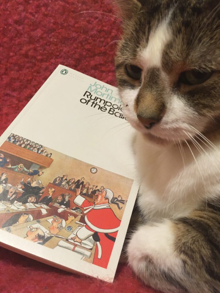 A grumpy tabby cat sits in front of a copy of Rumpole of the Bailey.