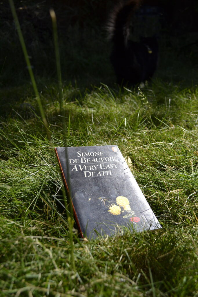Nestled in the grass is a copy of A Very Easy Death. In the background, there is a fluffy black cat on a leash.
